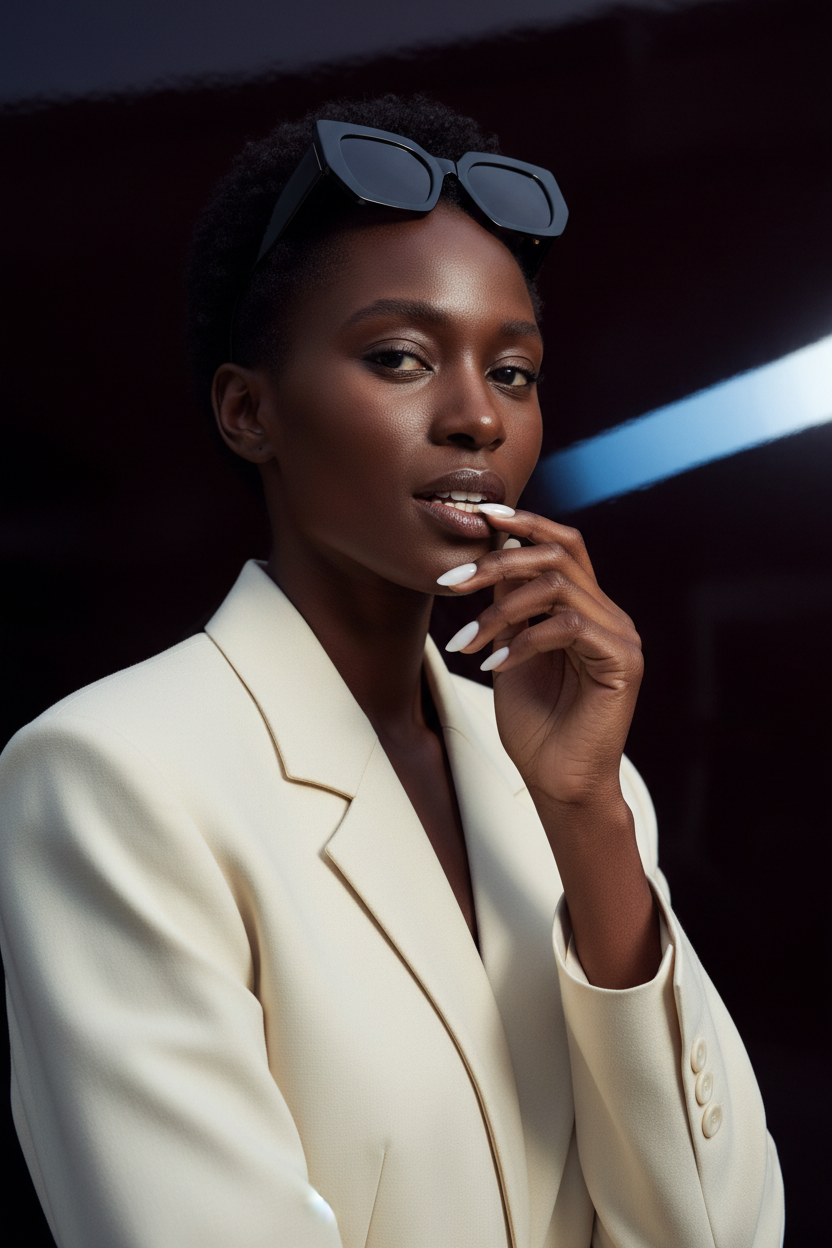 Portrait mode sur fond cerise avec ongles MILK short almond